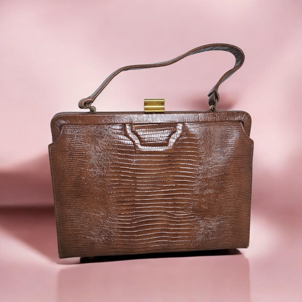 Vintage 1950-1960 Reptile Brown Lizard Style Handbag Purse Satchel - Picture 1 of 6